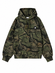 Front view, flat lay, green woodland camo hoodie with drawstring hood and patch