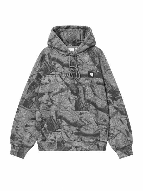 Front view, flat lay, grey camo print hoodie with chest patch and kangaroo pocket