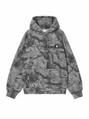 Front view, flat lay, grey camo print hoodie with chest patch and kangaroo pocket