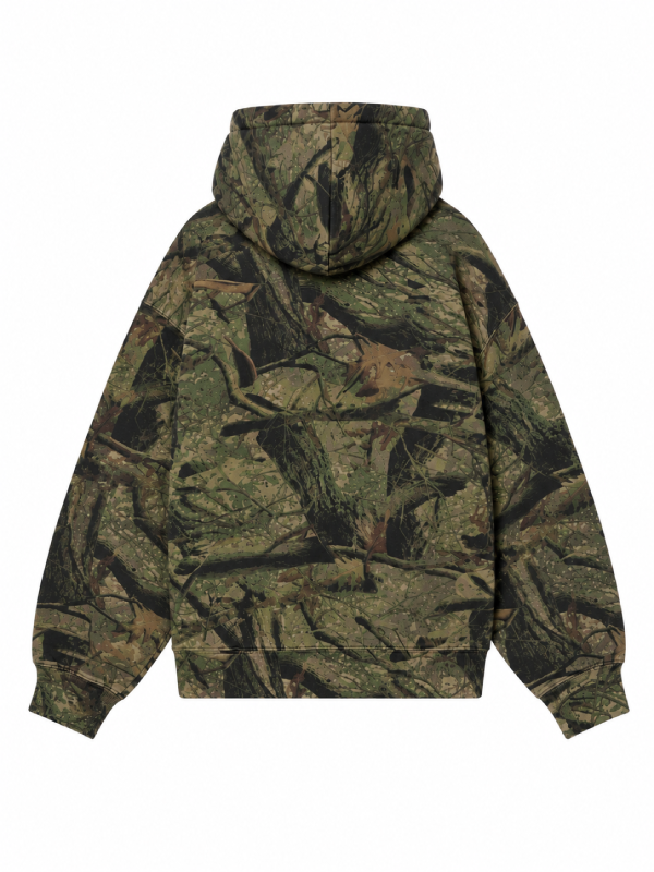 Back view, flat lay, all-over green camo print hoodie with hood