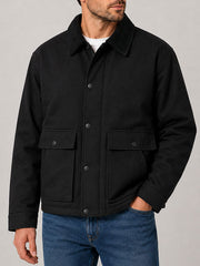 Carhartt WIP Quentin Black canvas chore jacket corduroy collar front view close up