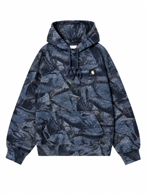 Front view, flat lay, navy blue camo print hoodie with chest patch logo