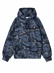 Front view, flat lay, navy blue camo print hoodie with chest patch logo