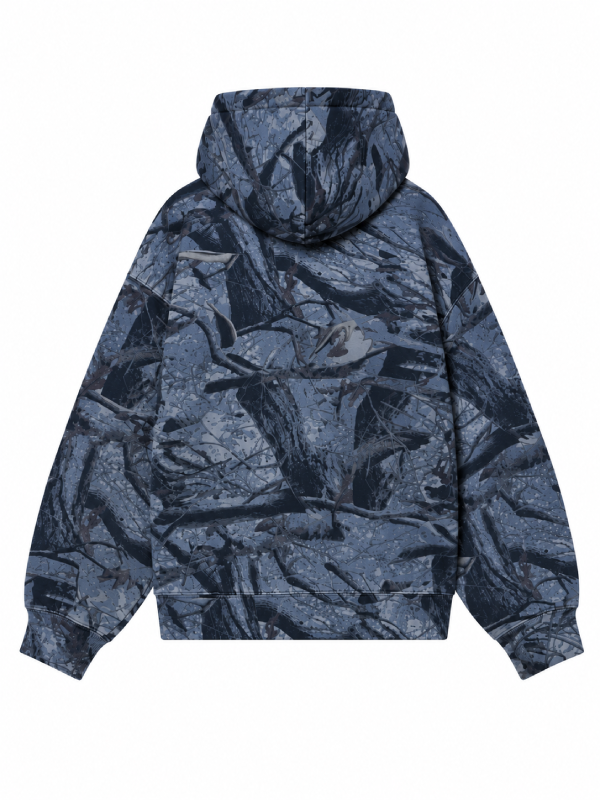 Back view, flat lay, all-over navy camo print hoodie with hood