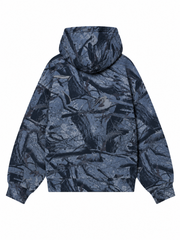 Back view, flat lay, all-over navy camo print hoodie with hood