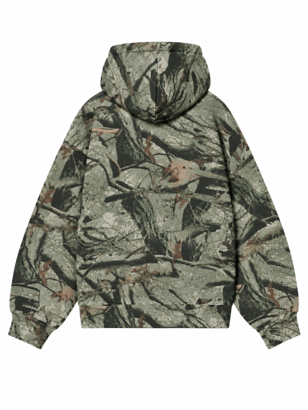 Back view, flat lay, all-over sage camo print hoodie with hood