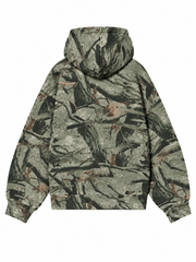 Back view, flat lay, all-over sage camo print hoodie with hood
