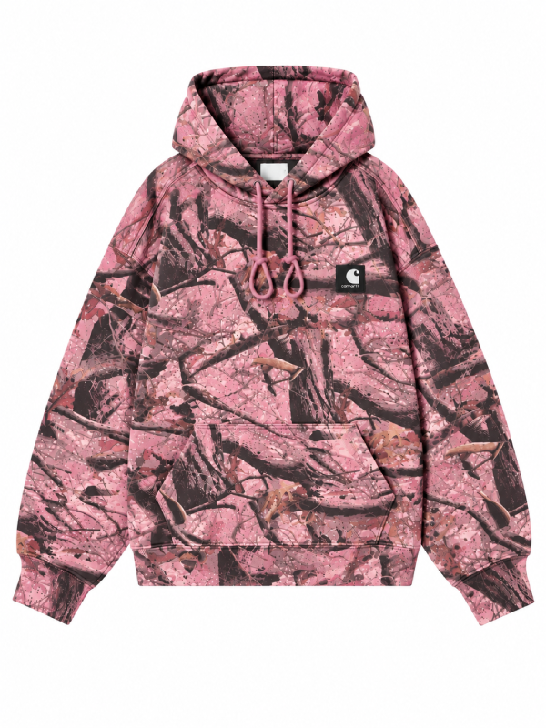 Front view, flat lay, pink camo print hoodie with chest patch logo
