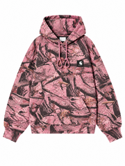 Front view, flat lay, pink camo print hoodie with chest patch logo