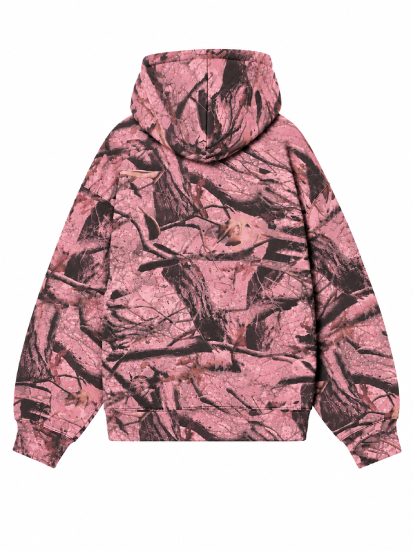 Back view, flat lay, all-over pink camo print hoodie with hood