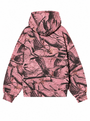 Back view, flat lay, all-over pink camo print hoodie with hood