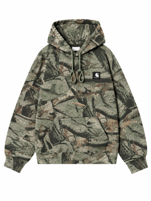Front view, flat lay, sage green camo hoodie with drawstring hood and patch