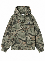 Front view, flat lay, sage green camo hoodie with drawstring hood and patch