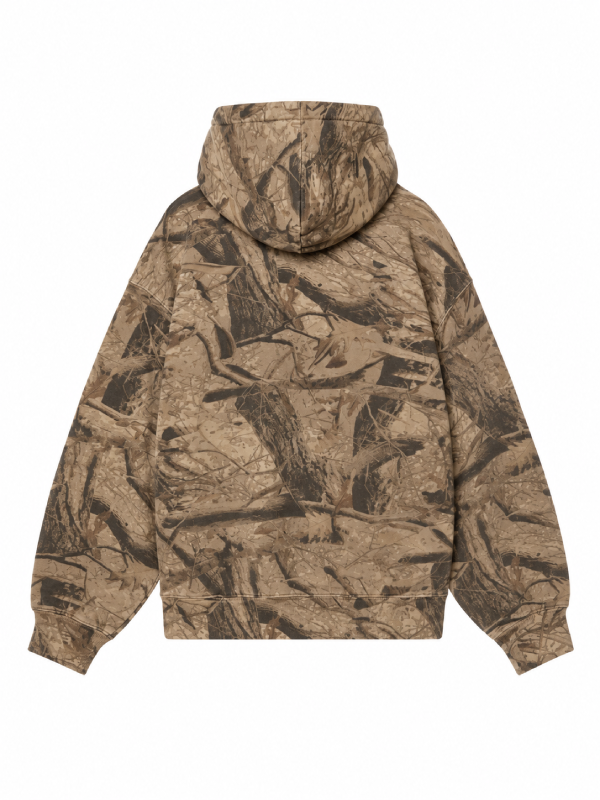 Back view, flat lay, all-over sand camo print hoodie with hood