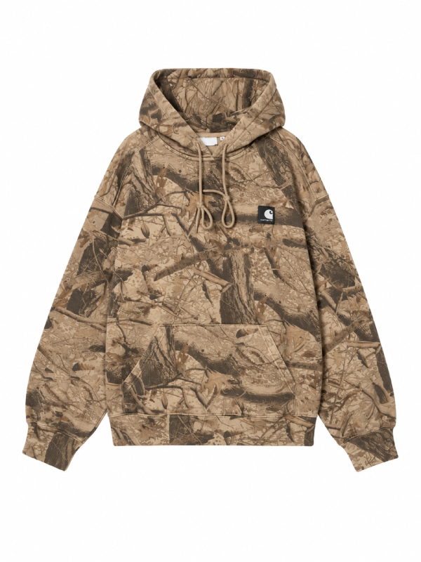 Front view, flat lay, sand-toned camo hoodie with kangaroo pocket and patch