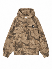 Front view, flat lay, sand-toned camo hoodie with kangaroo pocket and patch