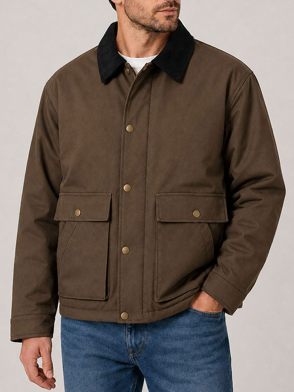 Carhartt WIP Quentin Brown canvas chore jacket corduroy collar front view close up