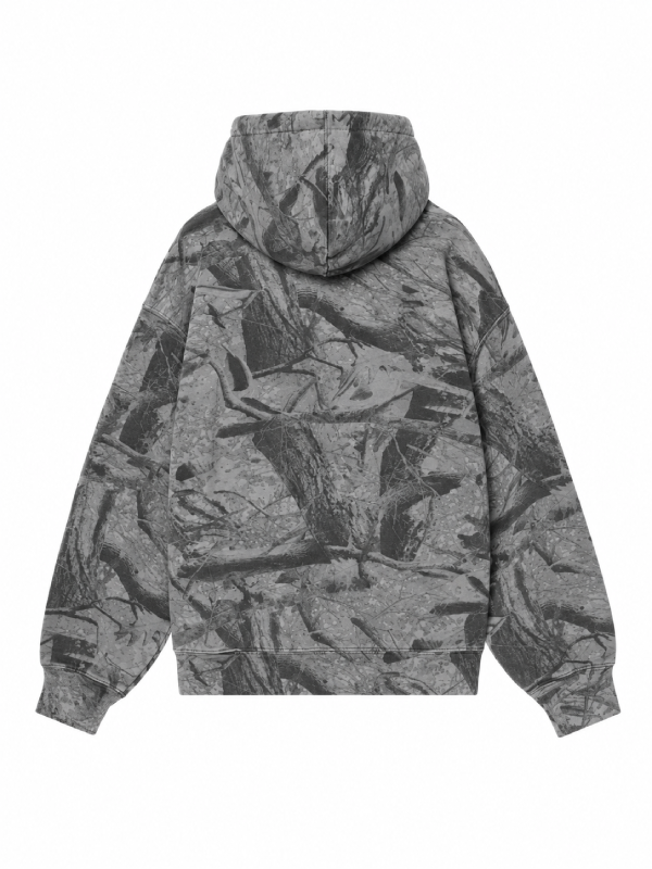Back view, flat lay, all-over grey camo print hoodie with hood