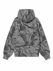 Back view, flat lay, all-over grey camo print hoodie with hood