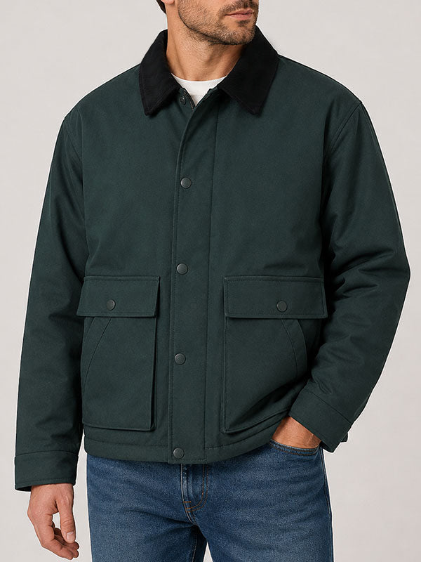 Carhartt WIP Quentin Forest green canvas chore jacket corduroy collar front view close up