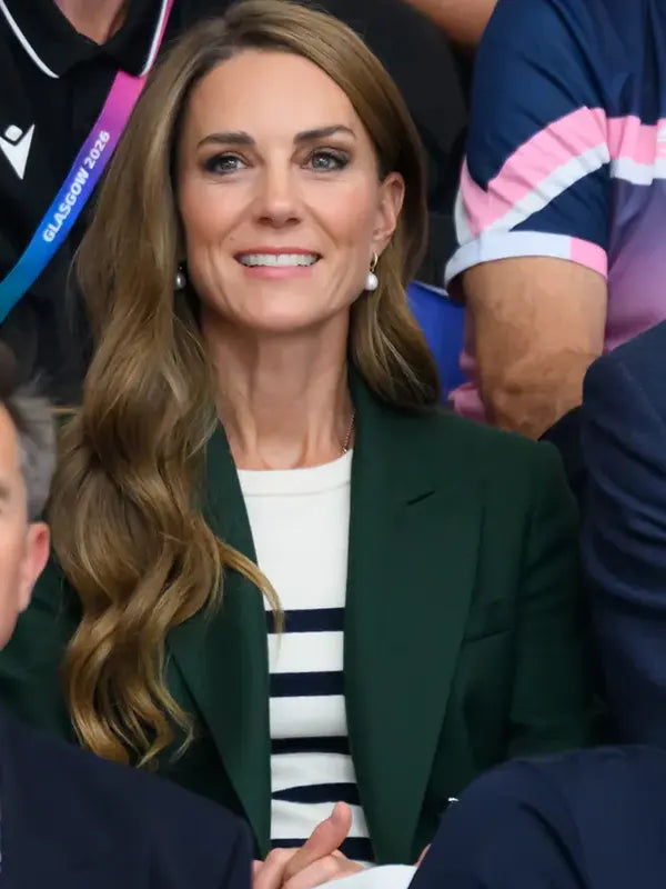 Kate Middleton inspired green double breasted blazer front view close up walking