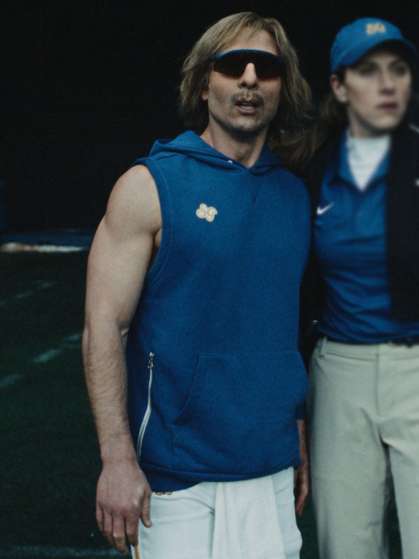 Glen Powell Chad Powers Russ Holliday blue hooded vest on field