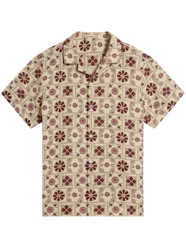 Outer Banks John B cream floral tile print shirt flat lay