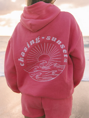 Sun and waves embroidered coral hoodie for women
