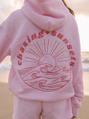 Coral stitched sunrise waves light pink hoodie