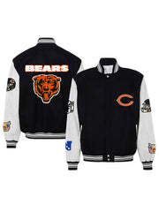 Chicago Bears black white wool varsity bomber jacket front and back view