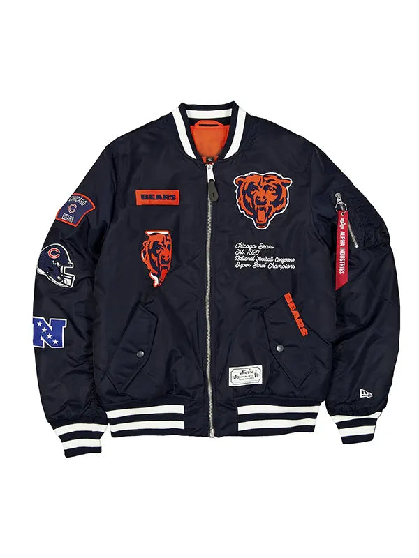 Chicago Bears inspired navy MA-1 bomber jacket with embroidered patches front view