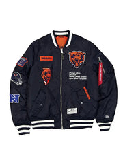 Chicago Bears inspired navy MA-1 bomber jacket with embroidered patches front view