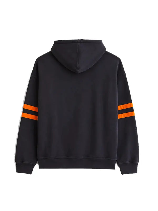 Chicago Bears black popover hoodie back with orange sleeve stripes