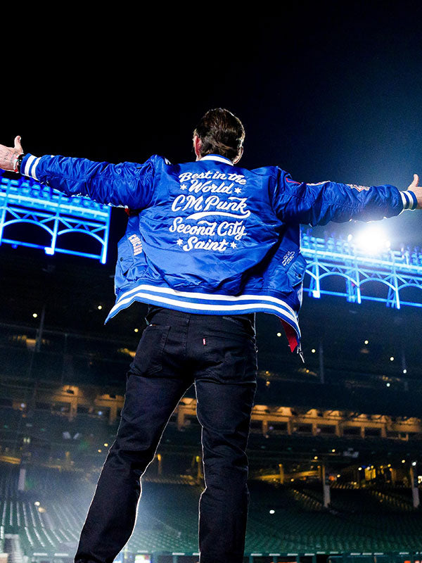 CM Punk Chicago Cubs blue bomber jacket back view Best in the World embroidery