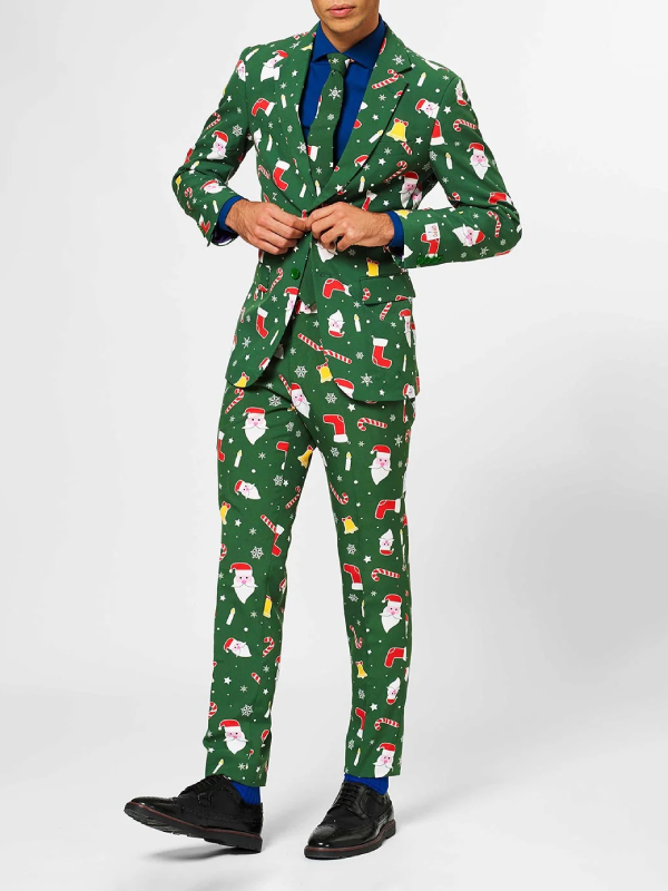 Christmas holiday party green Santa printed suit