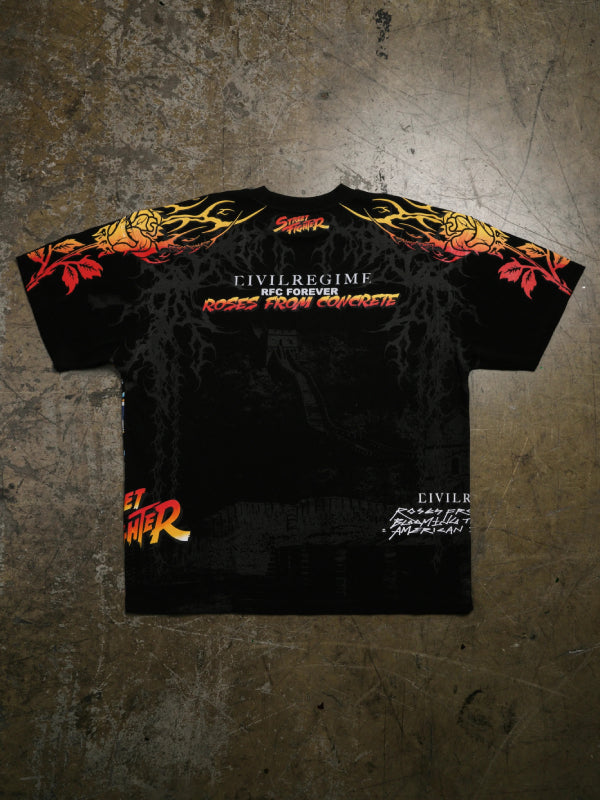 Street Fighter Civil Regime black tee back view rose graphic