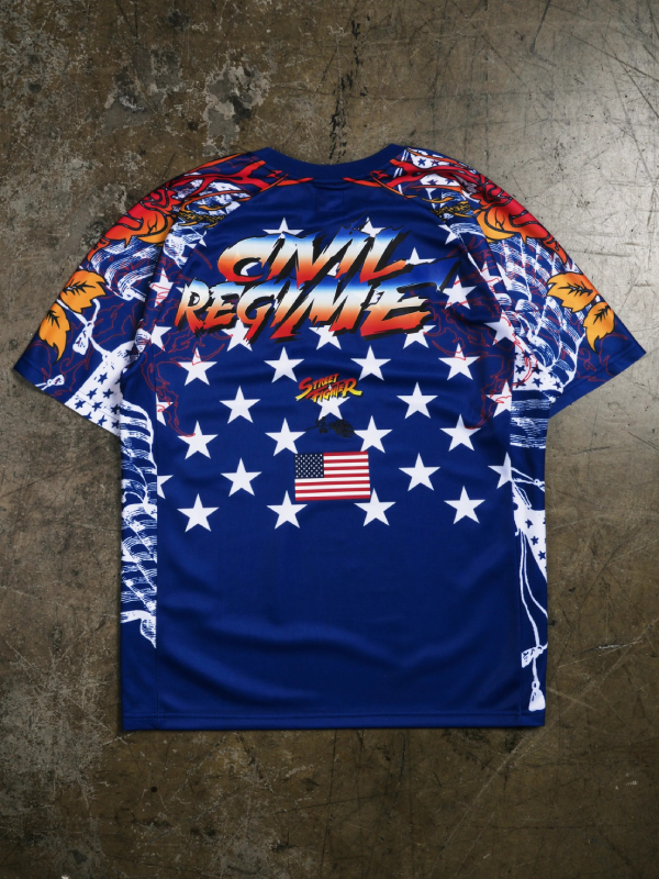 Civil Regime Street Fighter Guile jersey back flat lay star field