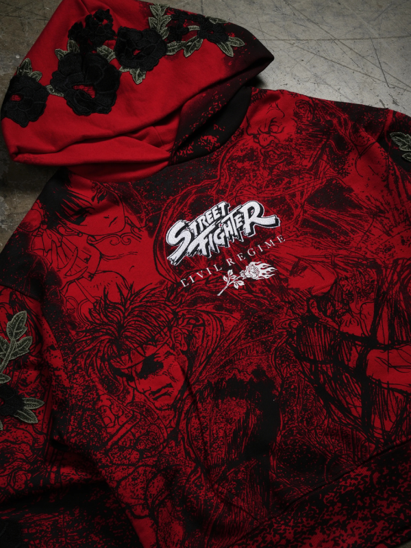 Street Fighter Civil Regime hoodie front print close up red