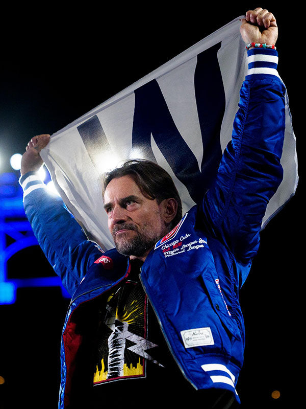 CM Punk blue bomber jacket Chicago Cubs sleeve patches stadium event