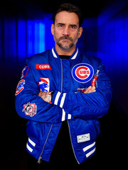 CM Punk Chicago Cubs blue bomber jacket front view logo patch portrait
