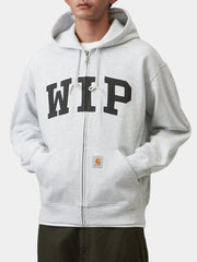Front view, flat lay, grey hoodie with teal-outlined WIP patch and zip closure