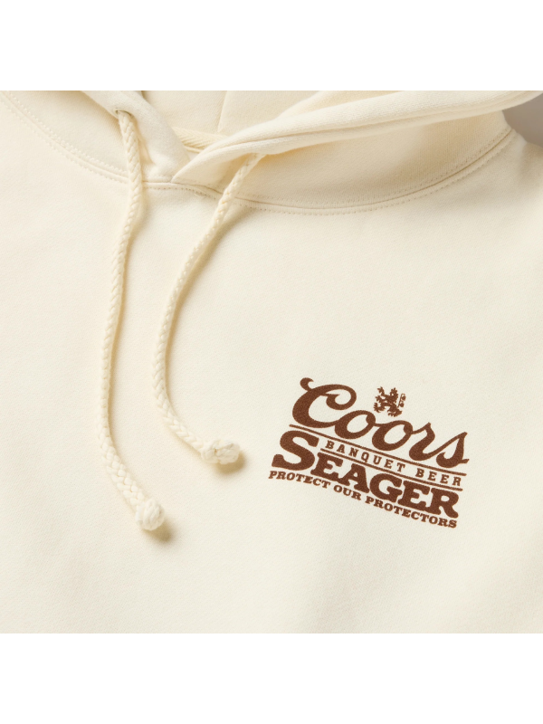 Coors Banquet Seager chest logo close up cream hoodie