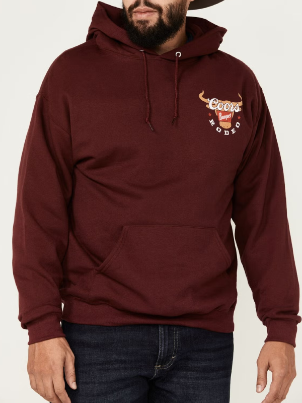 Coors Banquet Rodeo maroon hoodie front close up