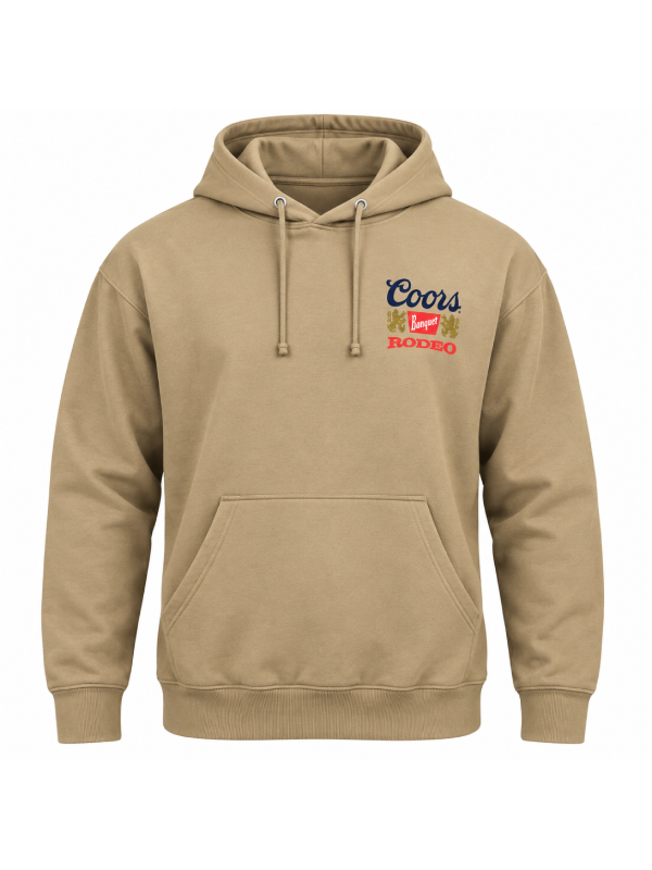 Coors Banquet Rodeo tan hoodie front flat lay