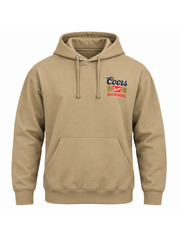 Coors Banquet Rodeo tan hoodie front flat lay