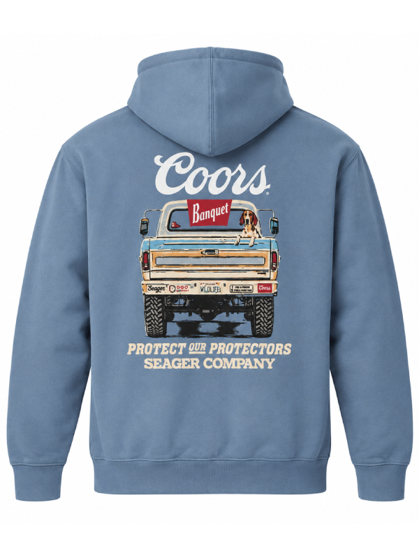 Seager Coors Banquet hoodie back flat lay truck graphic