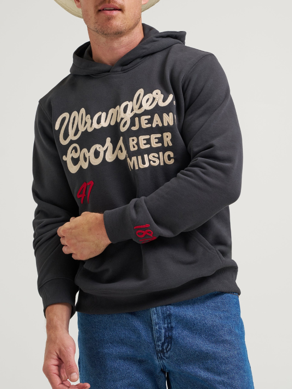 Wrangler Coors Banquet charcoal hoodie front close up