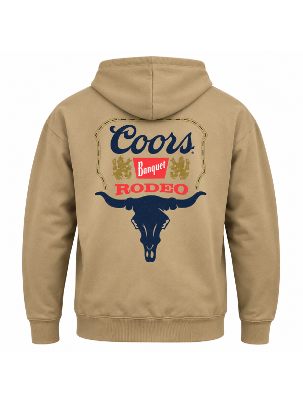 Coors Banquet Rodeo tan hoodie back flat lay longhorn graphic