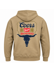 Coors Banquet Rodeo tan hoodie back flat lay longhorn graphic