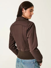 Brown cropped zip-up jacket back view worn